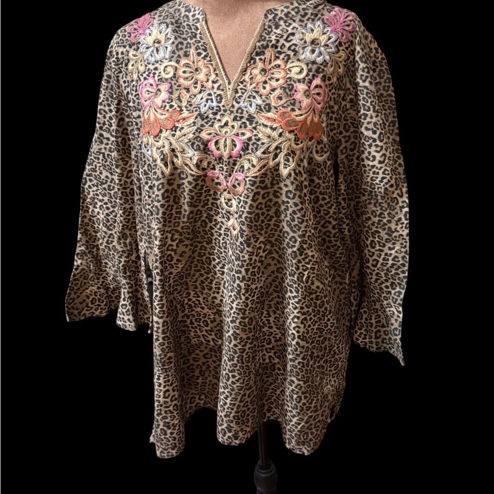 Chico's Leopard Print Tunic with Floral Embroidery